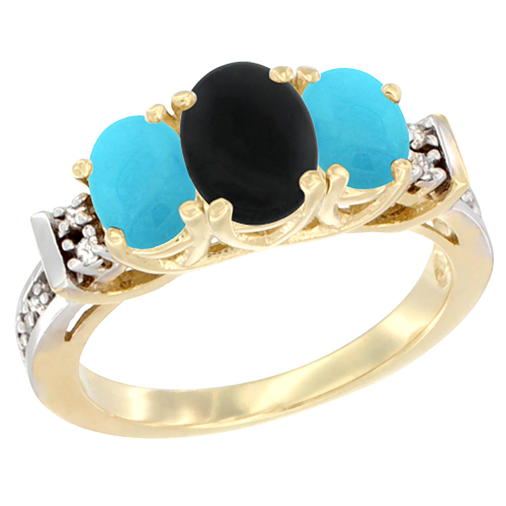 14K Yellow Gold Natural Black Onyx &amp; Turquoise Ring 3-Stone Oval Diamond Accent