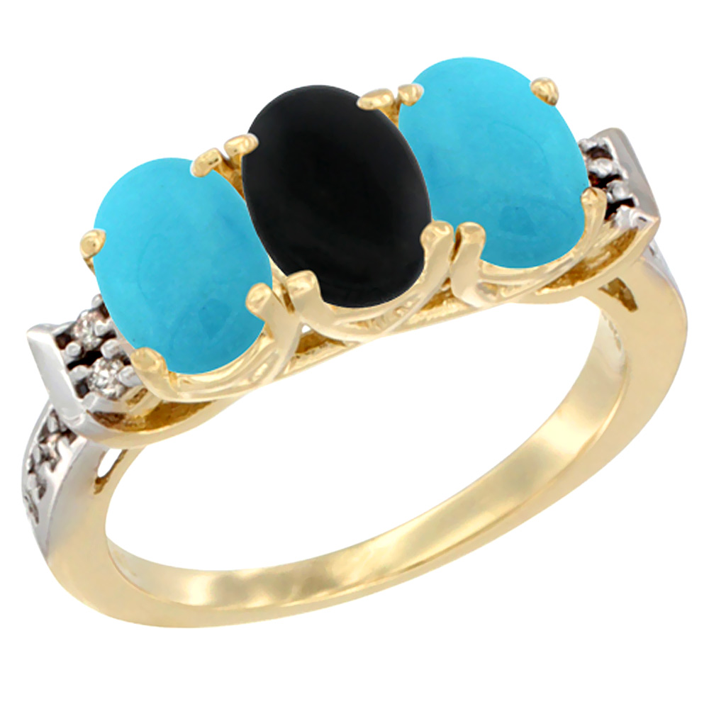 10K Yellow Gold Natural Black Onyx &amp; Turquoise Sides Ring 3-Stone Oval 7x5 mm Diamond Accent, sizes 5 - 10