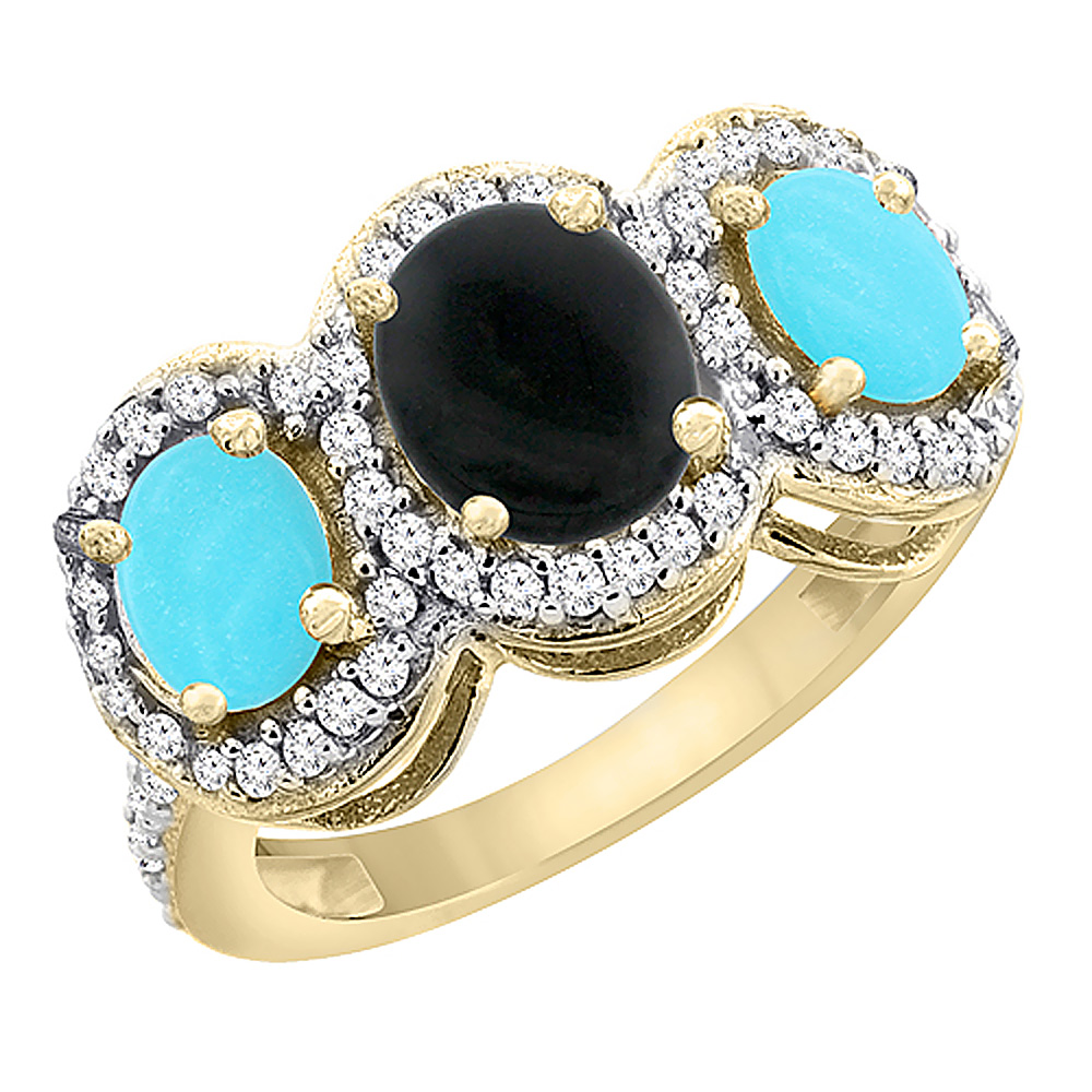 14K Yellow Gold Natural Black Onyx &amp; Turquoise 3-Stone Ring Oval Diamond Accent, sizes 5 - 10