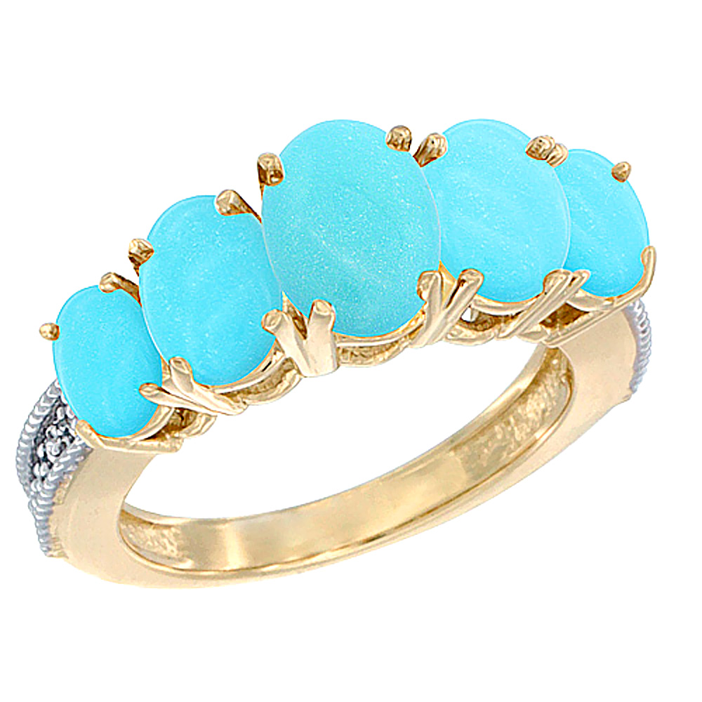 14K Yellow Gold Diamond Natural Turquoise Ring 5-stone Oval 8x6 Ctr,7x5,6x4 sides, sizes 5 - 10