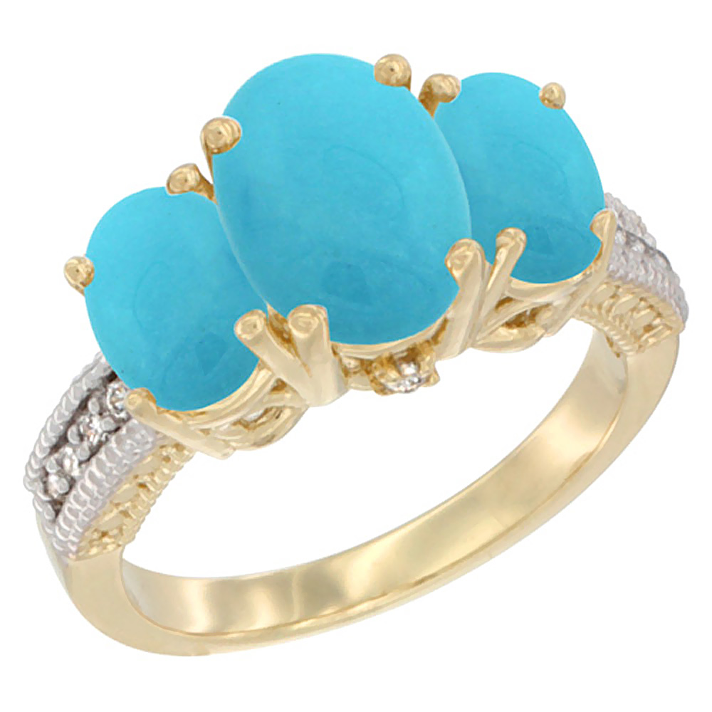 14K Yellow Gold Diamond Natural Turquoise Ring 3-Stone Oval 8x6mm, sizes5-10