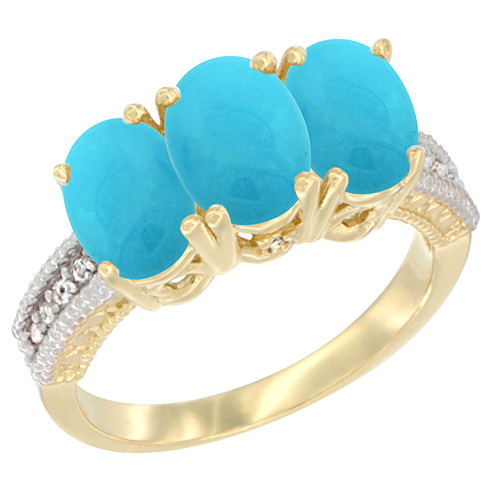 14K Yellow Gold Natural Turquoise Ring 3-Stone 7x5 mm Oval Diamond Accent, sizes 5 - 10