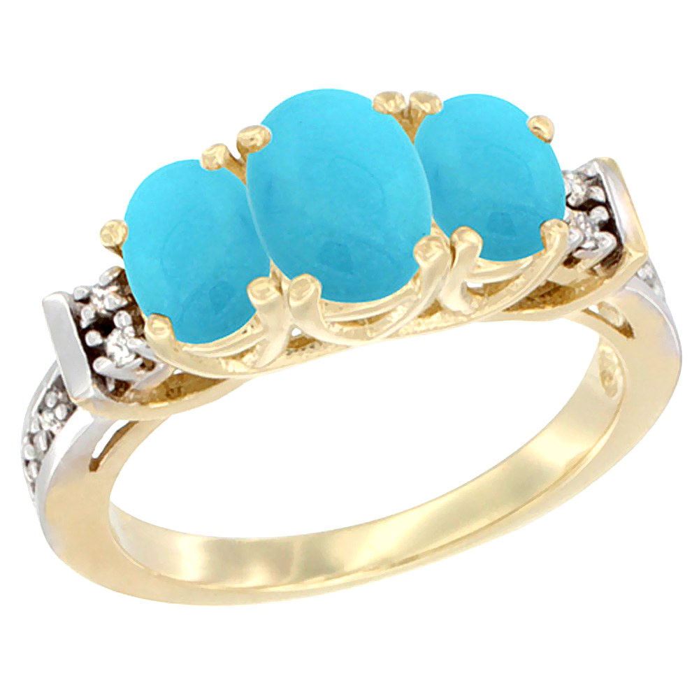 10K Yellow Gold Natural Turquoise Ring 3-Stone Oval Diamond Accent