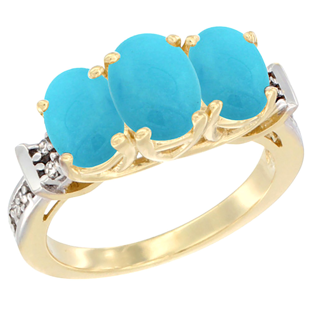10K Yellow Gold Natural Turquoise Ring 3-Stone Oval Diamond Accent, sizes 5 - 10