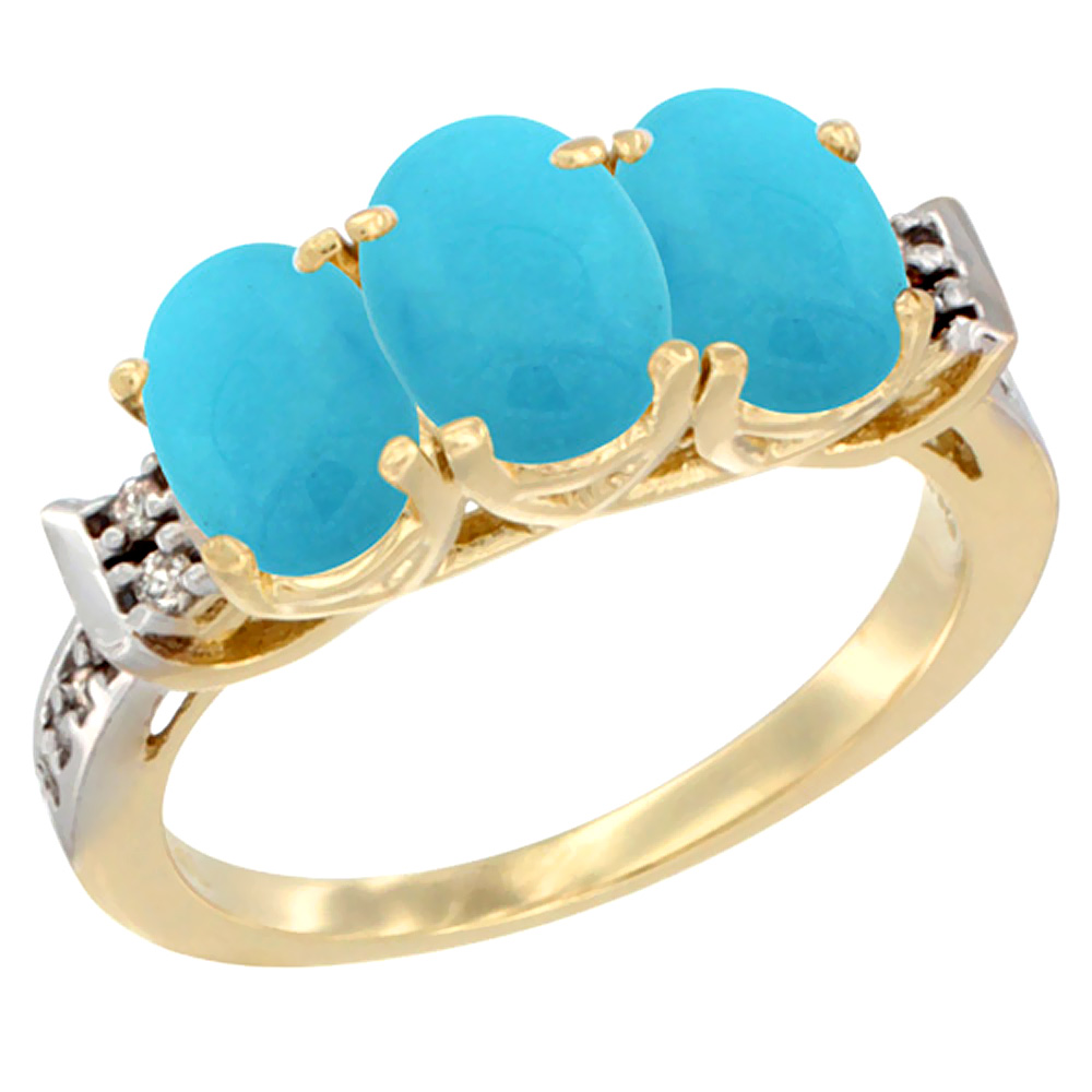 14K Yellow Gold Natural Turquoise Ring 3-Stone Oval 7x5 mm Diamond Accent, sizes 5 - 10
