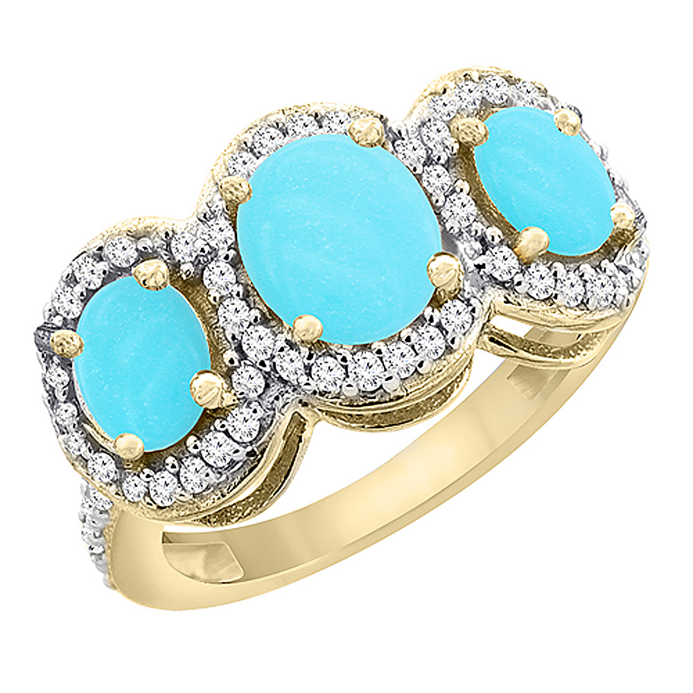14K Yellow Gold Natural Turquoise 3-Stone Ring Oval Diamond Accent, sizes 5 - 10