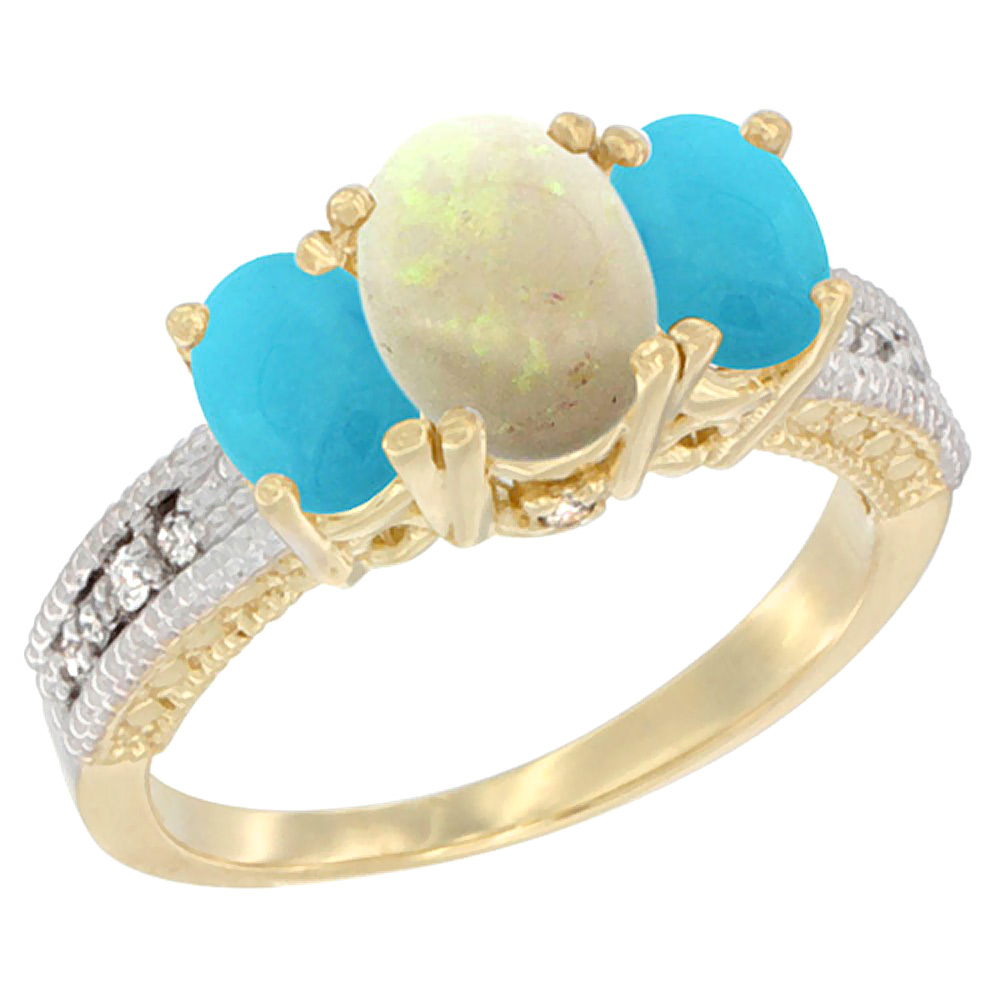 14K Yellow Gold Diamond Natural Opal Ring Oval 3-stone with Turquoise, sizes 5 - 10