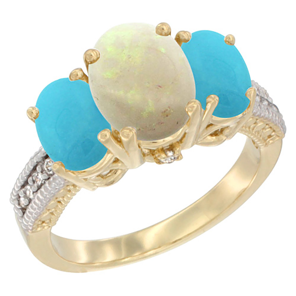 14K Yellow Gold Diamond Natural Opal Ring 3-Stone Oval 8x6mm with Turquoise, sizes5-10