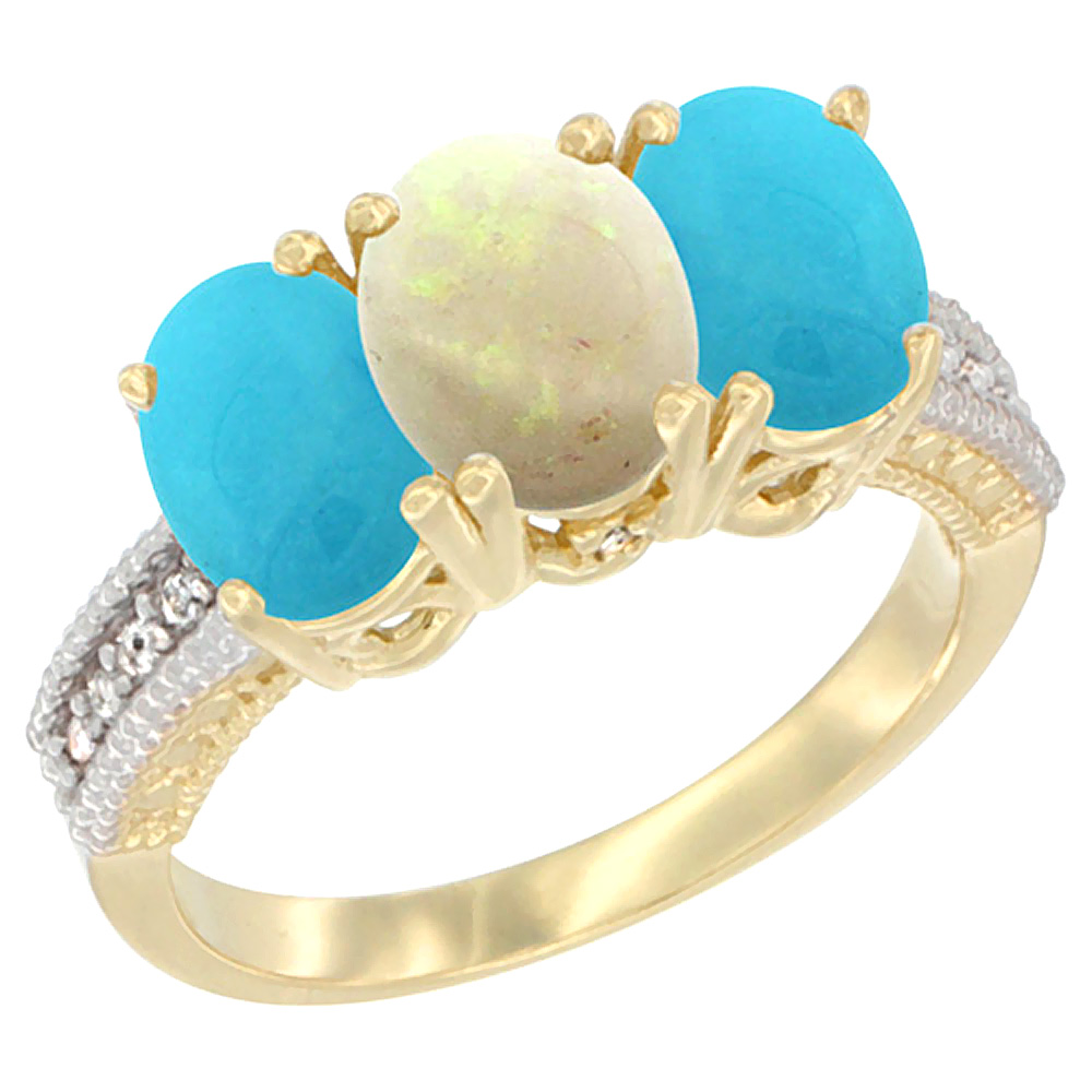 14K Yellow Gold Natural Opal &amp; Turquoise Sides Ring 3-Stone 7x5 mm Oval Diamond Accent, sizes 5 - 10