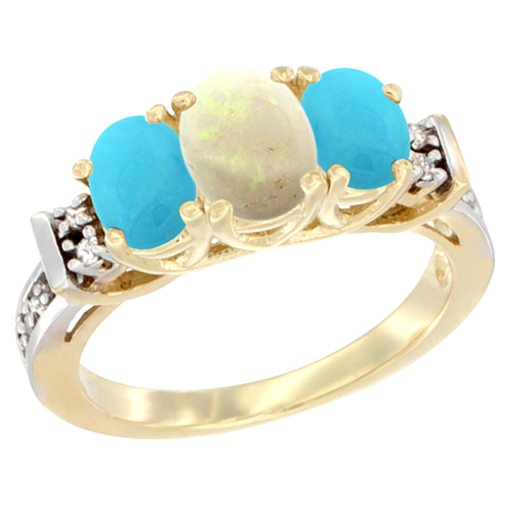 10K Yellow Gold Natural Opal &amp; Turquoise Ring 3-Stone Oval Diamond Accent