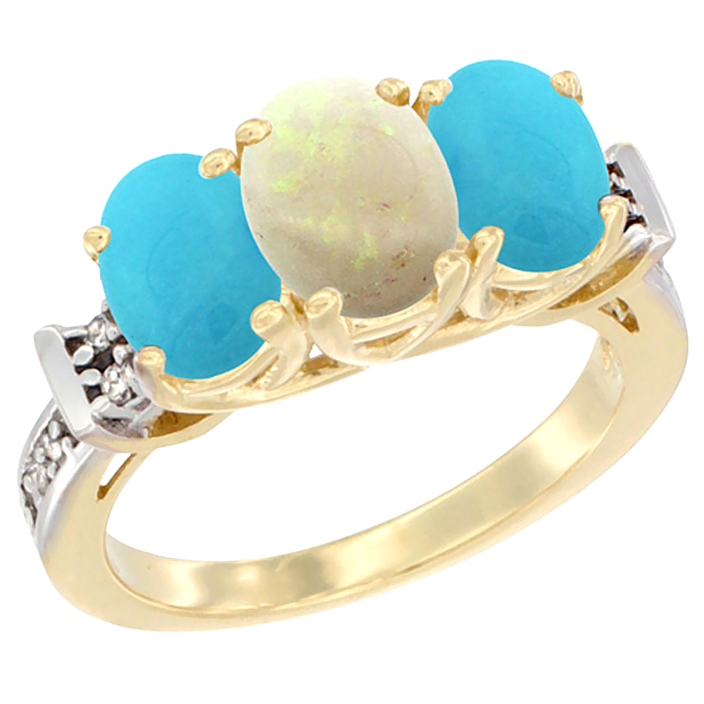 10K Yellow Gold Natural Opal & Turquoise Sides Ring 3-Stone Oval Diamond Accent, sizes 5 - 10