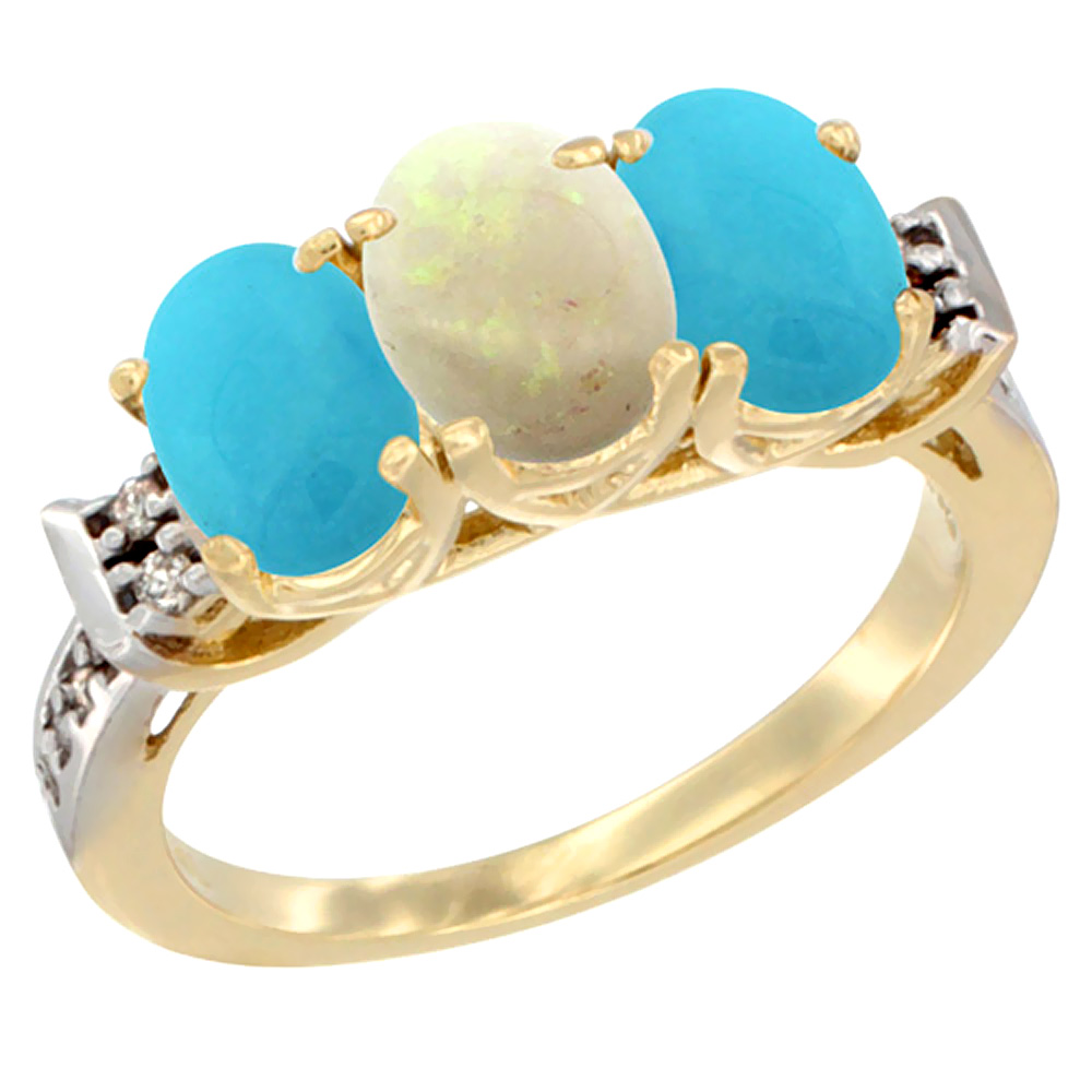 14K Yellow Gold Natural Opal &amp; Turquoise Sides Ring 3-Stone Oval 7x5 mm Diamond Accent, sizes 5 - 10