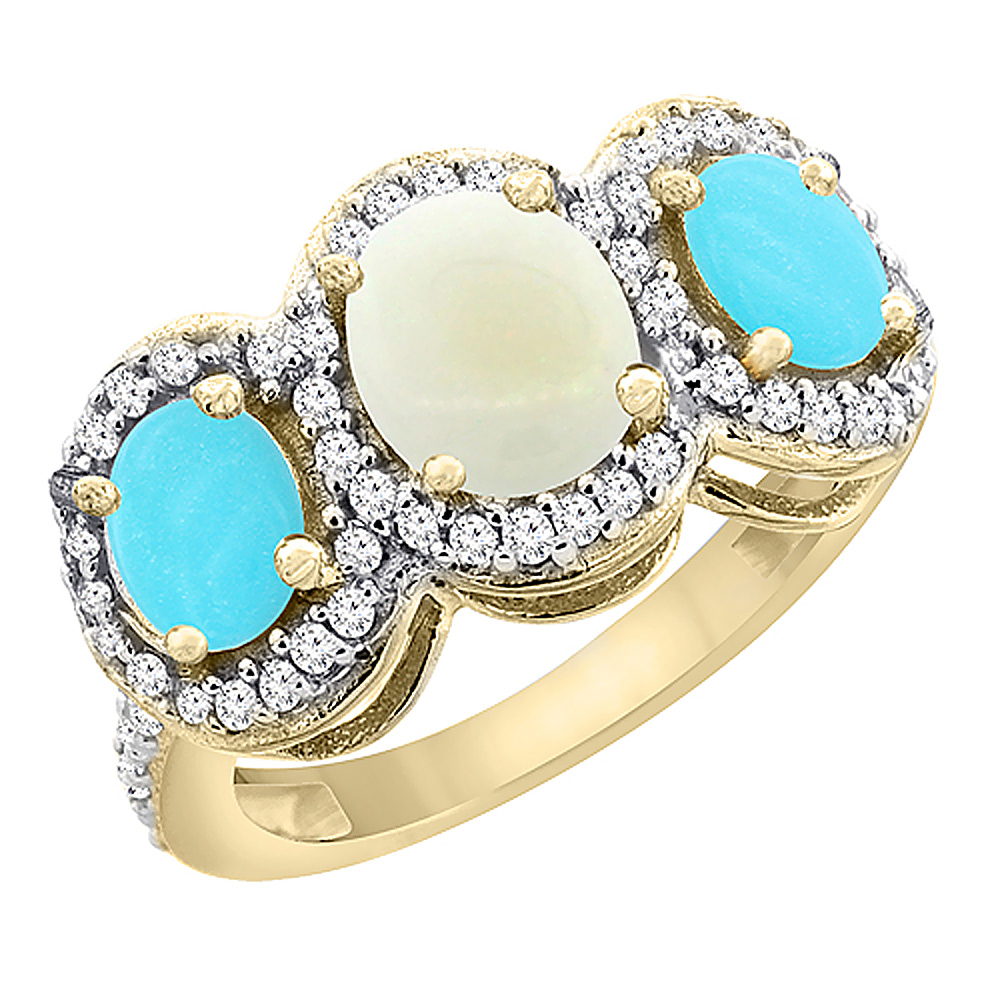 14K Yellow Gold Natural Opal & Turquoise 3-Stone Ring Oval Diamond Accent, sizes 5 - 10