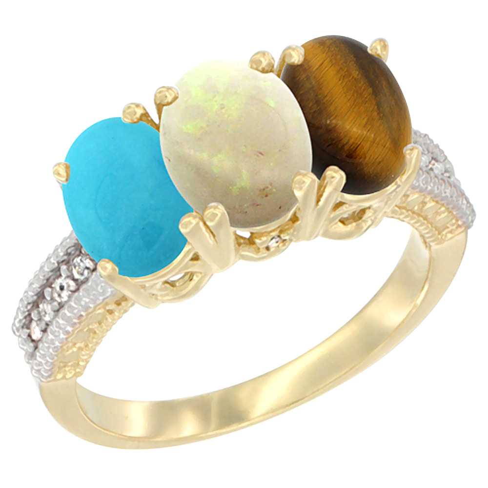 14K Yellow Gold Natural Turquoise, Opal & Tiger Eye Ring 3-Stone 7x5 mm Oval Diamond Accent, sizes 5 - 10
