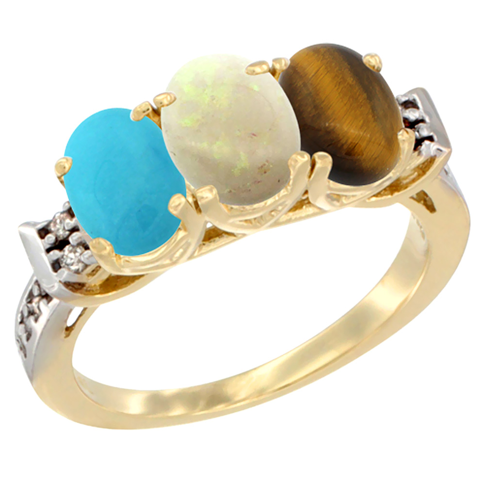 10K Yellow Gold Natural Turquoise, Opal & Tiger Eye Ring 3-Stone Oval 7x5 mm Diamond Accent, sizes 5 - 10