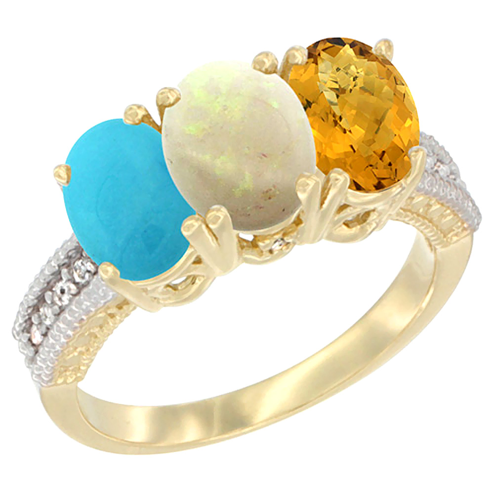 10K Yellow Gold Diamond Natural Turquoise, Opal &amp; Whisky Quartz Ring 3-Stone 7x5 mm Oval, sizes 5 - 10