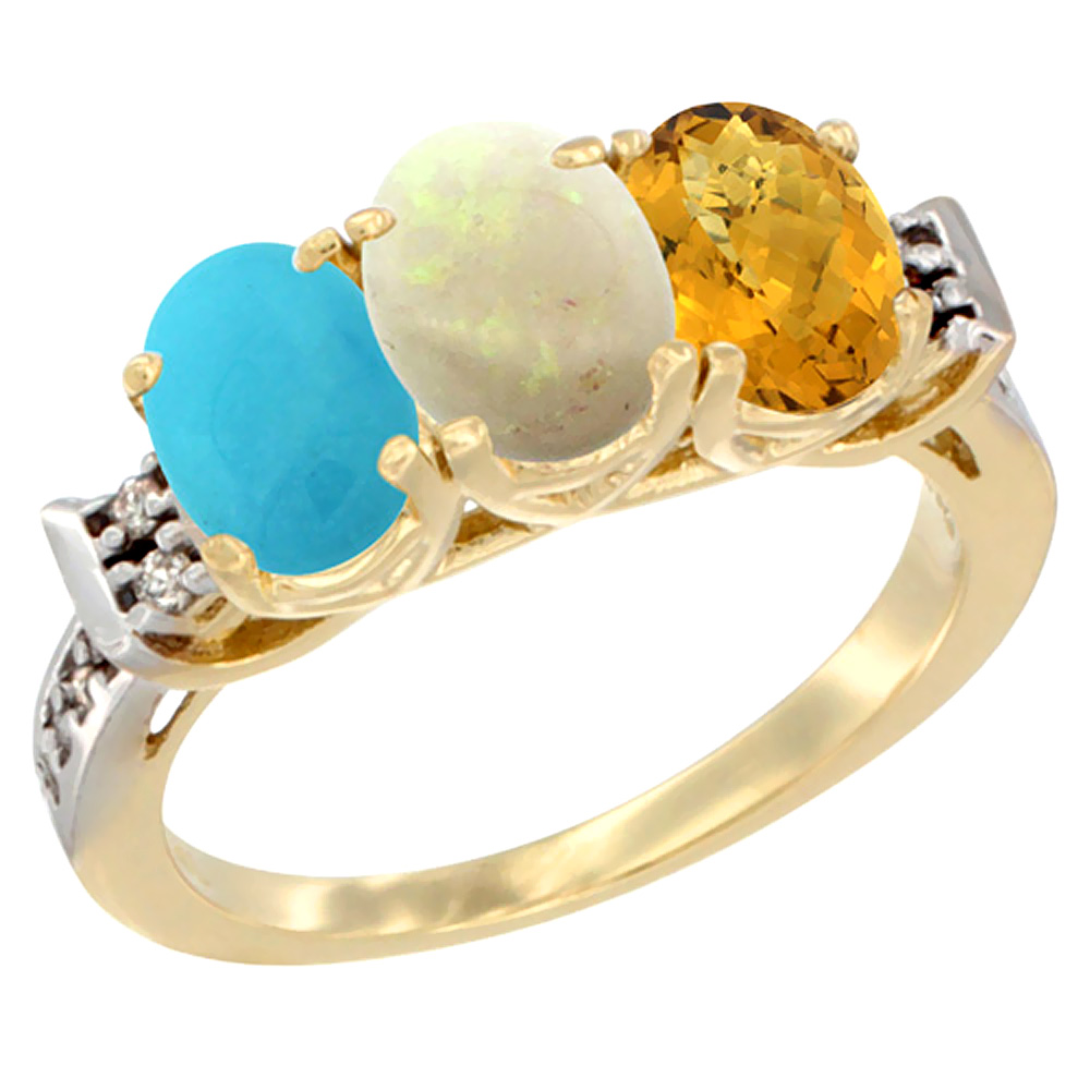 10K Yellow Gold Natural Turquoise, Opal & Whisky Quartz Ring 3-Stone Oval 7x5 mm Diamond Accent, sizes 5 - 10