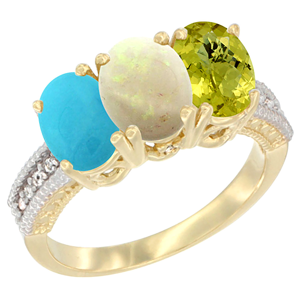 14K Yellow Gold Natural Turquoise, Opal & Lemon Quartz Ring 3-Stone 7x5 mm Oval Diamond Accent, sizes 5 - 10