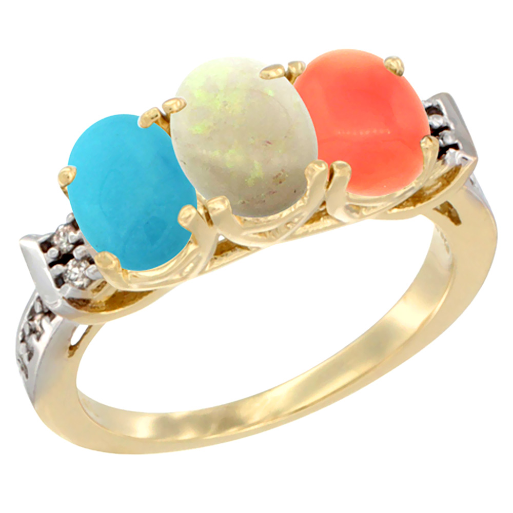 10K Yellow Gold Natural Turquoise, Opal & Coral Ring 3-Stone Oval 7x5 mm Diamond Accent, sizes 5 - 10