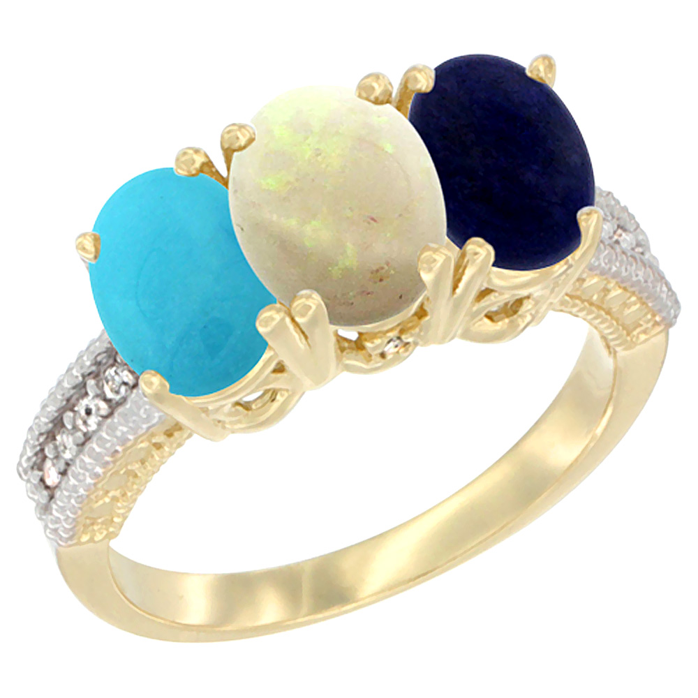 14K Yellow Gold Natural Turquoise, Opal &amp; Lapis Ring 3-Stone 7x5 mm Oval Diamond Accent, sizes 5 - 10