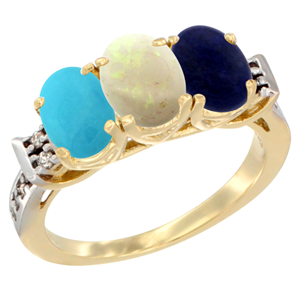 14K Yellow Gold Natural Turquoise, Opal & Lapis Ring 3-Stone Oval 7x5 mm Diamond Accent, sizes 5 - 10