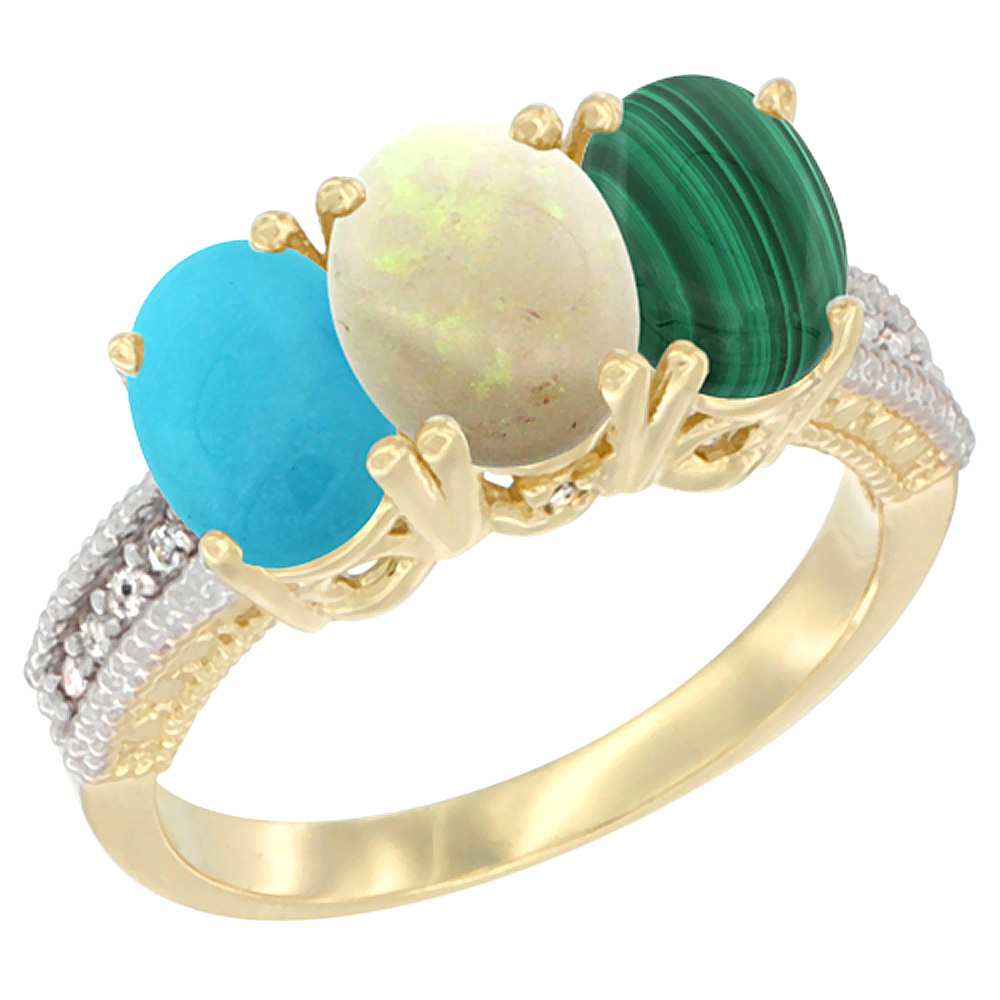 14K Yellow Gold Natural Turquoise, Opal & Malachite Ring 3-Stone 7x5 mm Oval Diamond Accent, sizes 5 - 10