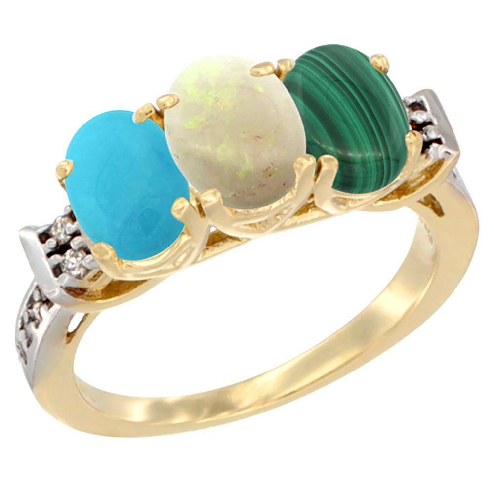 10K Yellow Gold Natural Turquoise, Opal & Malachite Ring 3-Stone Oval 7x5 mm Diamond Accent, sizes 5 - 10