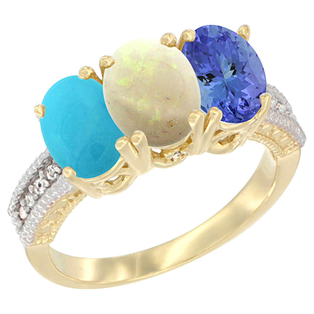10K Yellow Gold Diamond Natural Turquoise, Opal &amp; Tanzanite Ring 3-Stone 7x5 mm Oval, sizes 5 - 10