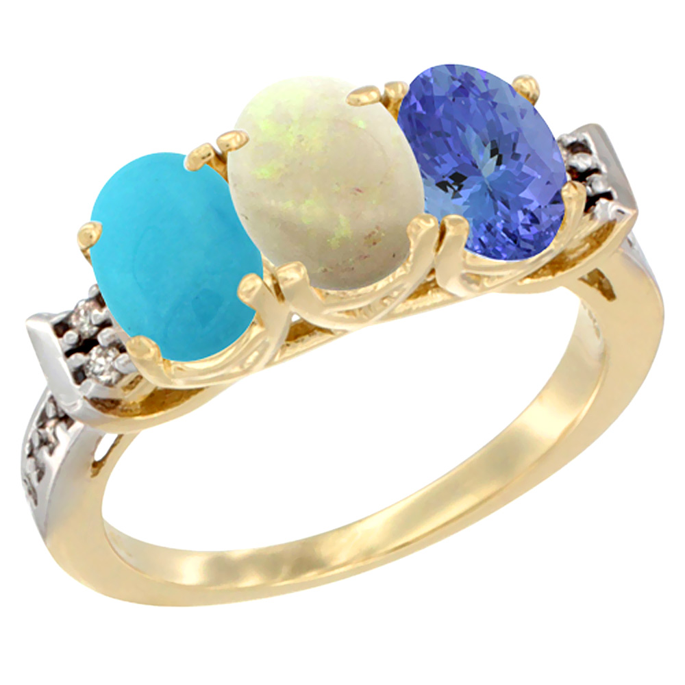 10K Yellow Gold Natural Turquoise, Opal &amp; Tanzanite Ring 3-Stone Oval 7x5 mm Diamond Accent, sizes 5 - 10