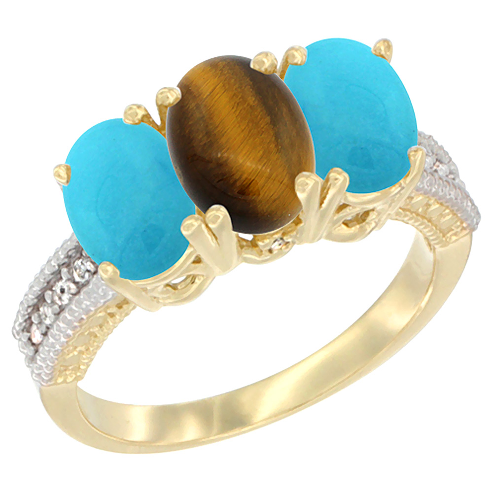 14K Yellow Gold Natural Tiger Eye &amp; Turquoise Sides Ring 3-Stone 7x5 mm Oval Diamond Accent, sizes 5 - 10