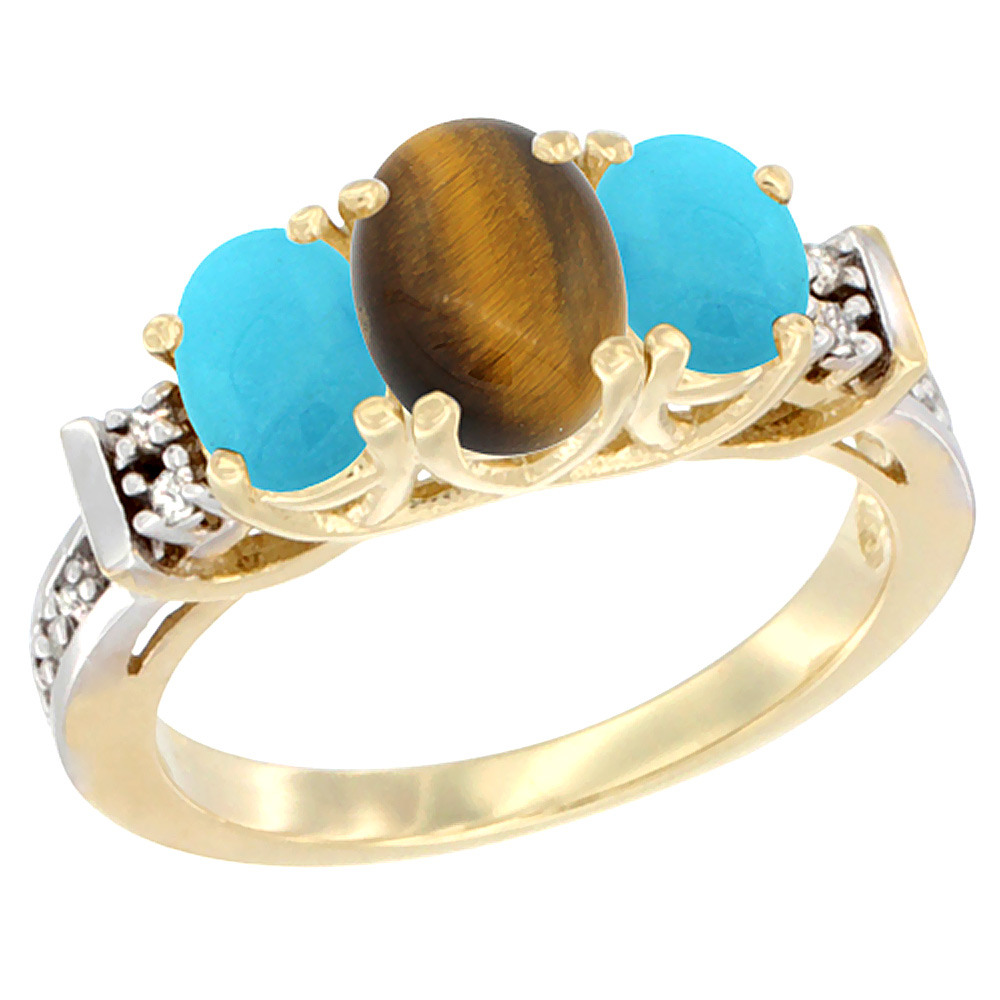 14K Yellow Gold Natural Tiger Eye & Turquoise Ring 3-Stone Oval Diamond Accent