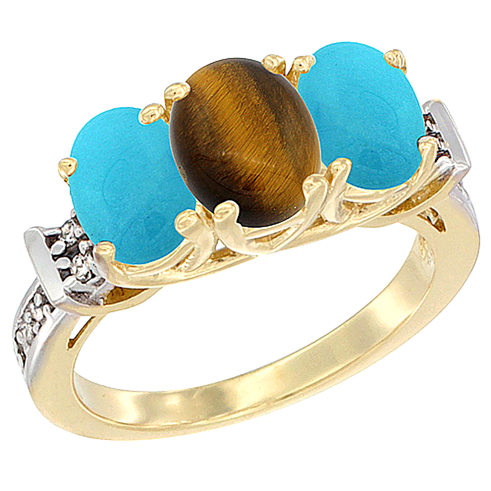 10K Yellow Gold Natural Tiger Eye &amp; Turquoise Sides Ring 3-Stone Oval Diamond Accent, sizes 5 - 10