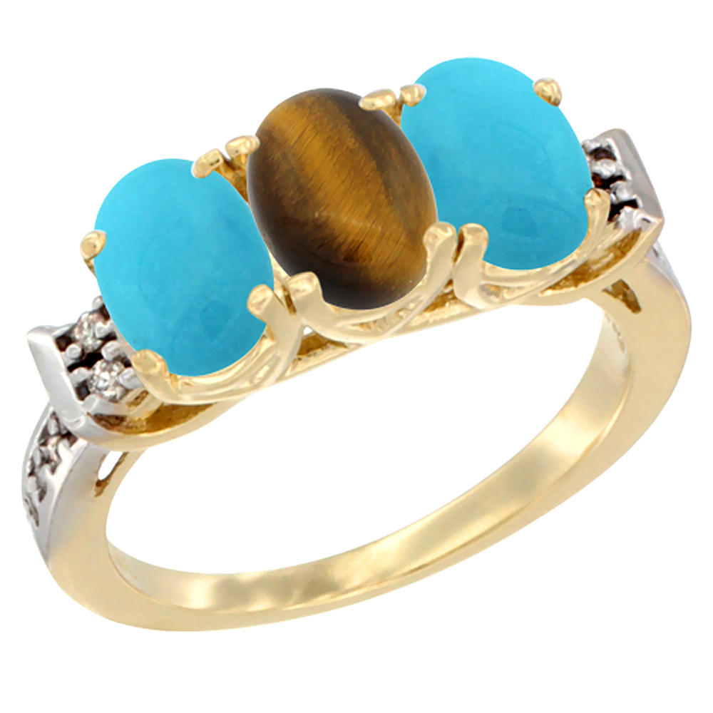 14K Yellow Gold Natural Tiger Eye &amp; Turquoise Sides Ring 3-Stone Oval 7x5 mm Diamond Accent, sizes 5 - 10
