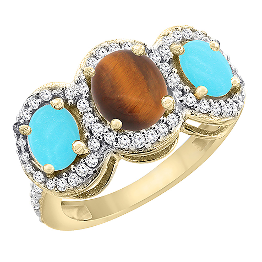 14K Yellow Gold Natural Tiger Eye &amp; Turquoise 3-Stone Ring Oval Diamond Accent, sizes 5 - 10