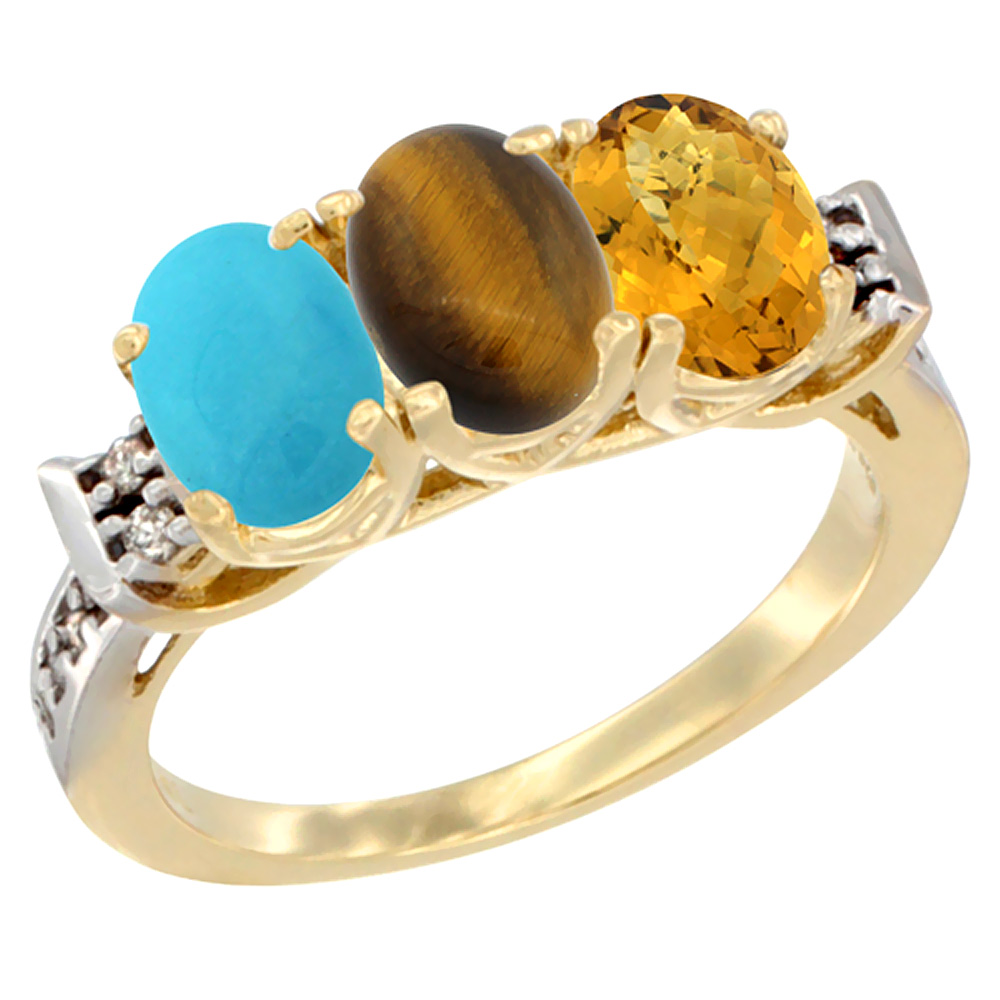 10K Yellow Gold Natural Turquoise, Tiger Eye &amp; Whisky Quartz Ring 3-Stone Oval 7x5 mm Diamond Accent, sizes 5 - 10