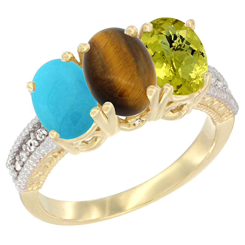 14K Yellow Gold Natural Turquoise, Tiger Eye &amp; Lemon Quartz Ring 3-Stone 7x5 mm Oval Diamond Accent, sizes 5 - 10