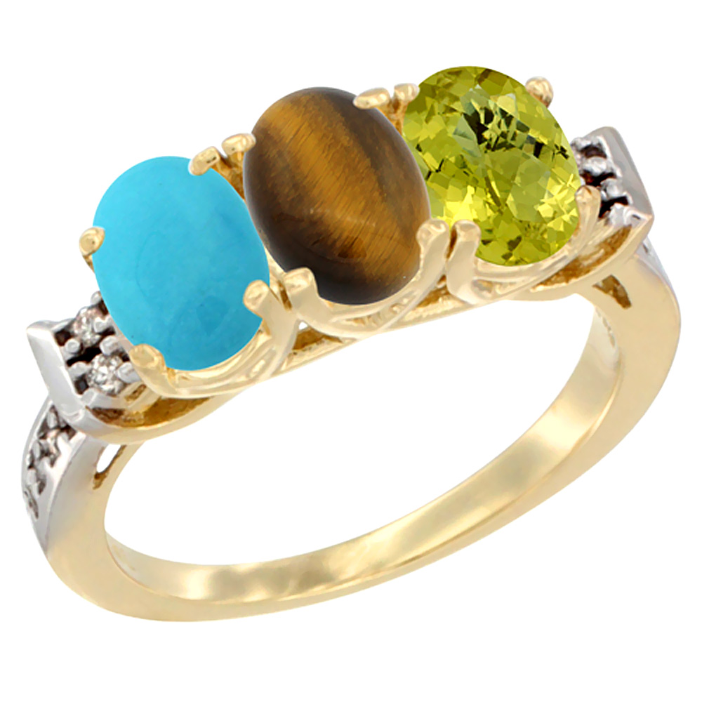 14K Yellow Gold Natural Turquoise, Tiger Eye &amp; Lemon Quartz Ring 3-Stone Oval 7x5 mm Diamond Accent, sizes 5 - 10