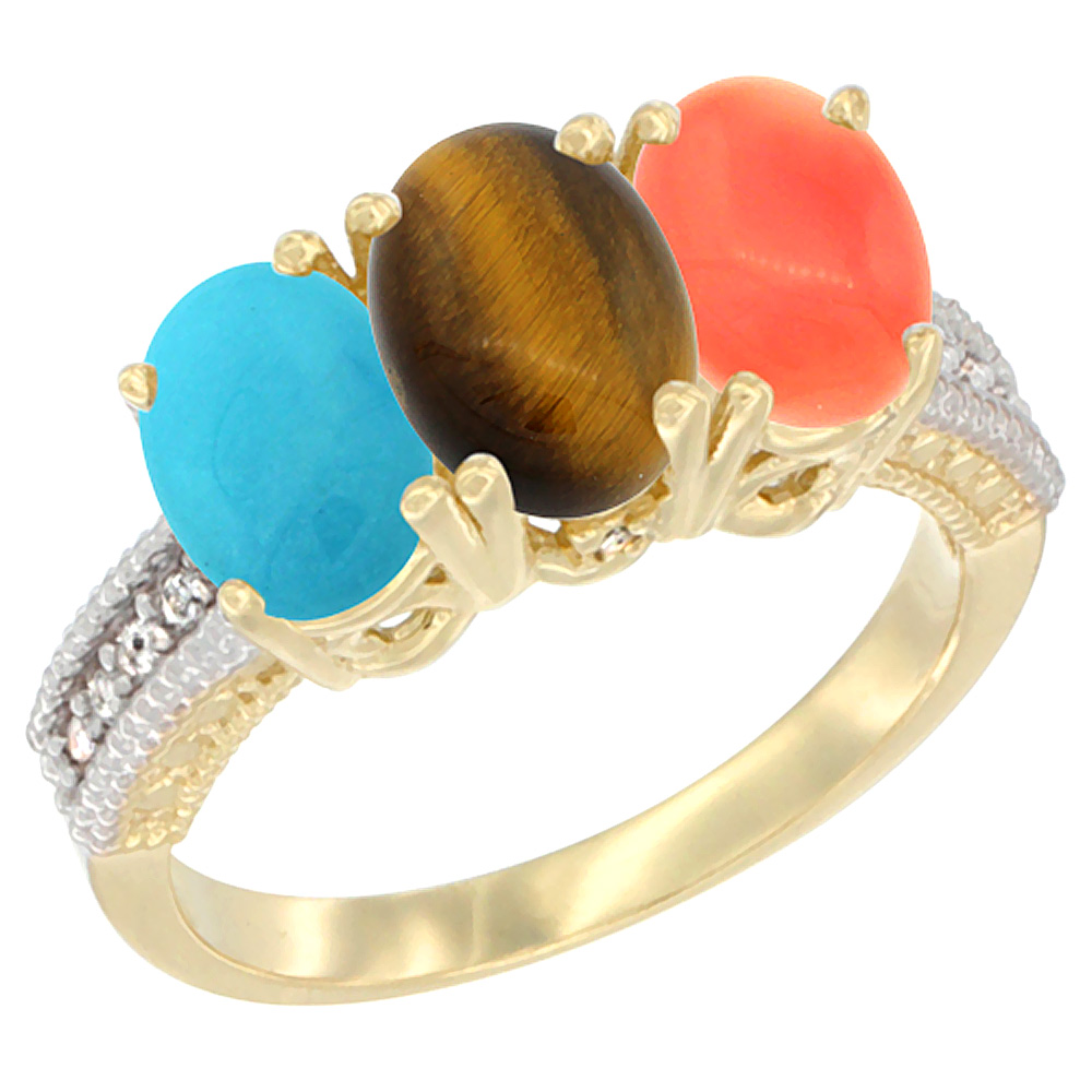 14K Yellow Gold Natural Turquoise, Tiger Eye &amp; Coral Ring 3-Stone 7x5 mm Oval Diamond Accent, sizes 5 - 10