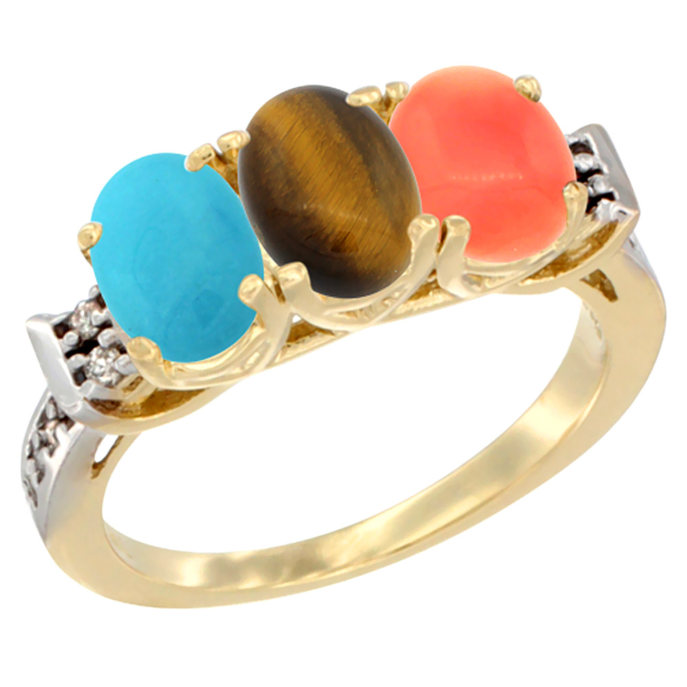 14K Yellow Gold Natural Turquoise, Tiger Eye &amp; Coral Ring 3-Stone Oval 7x5 mm Diamond Accent, sizes 5 - 10