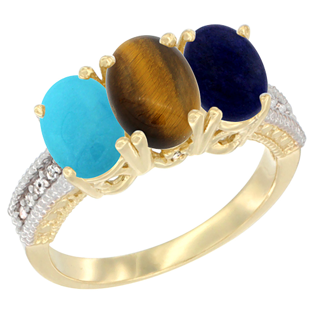 14K Yellow Gold Natural Turquoise, Tiger Eye &amp; Lapis Ring 3-Stone 7x5 mm Oval Diamond Accent, sizes 5 - 10