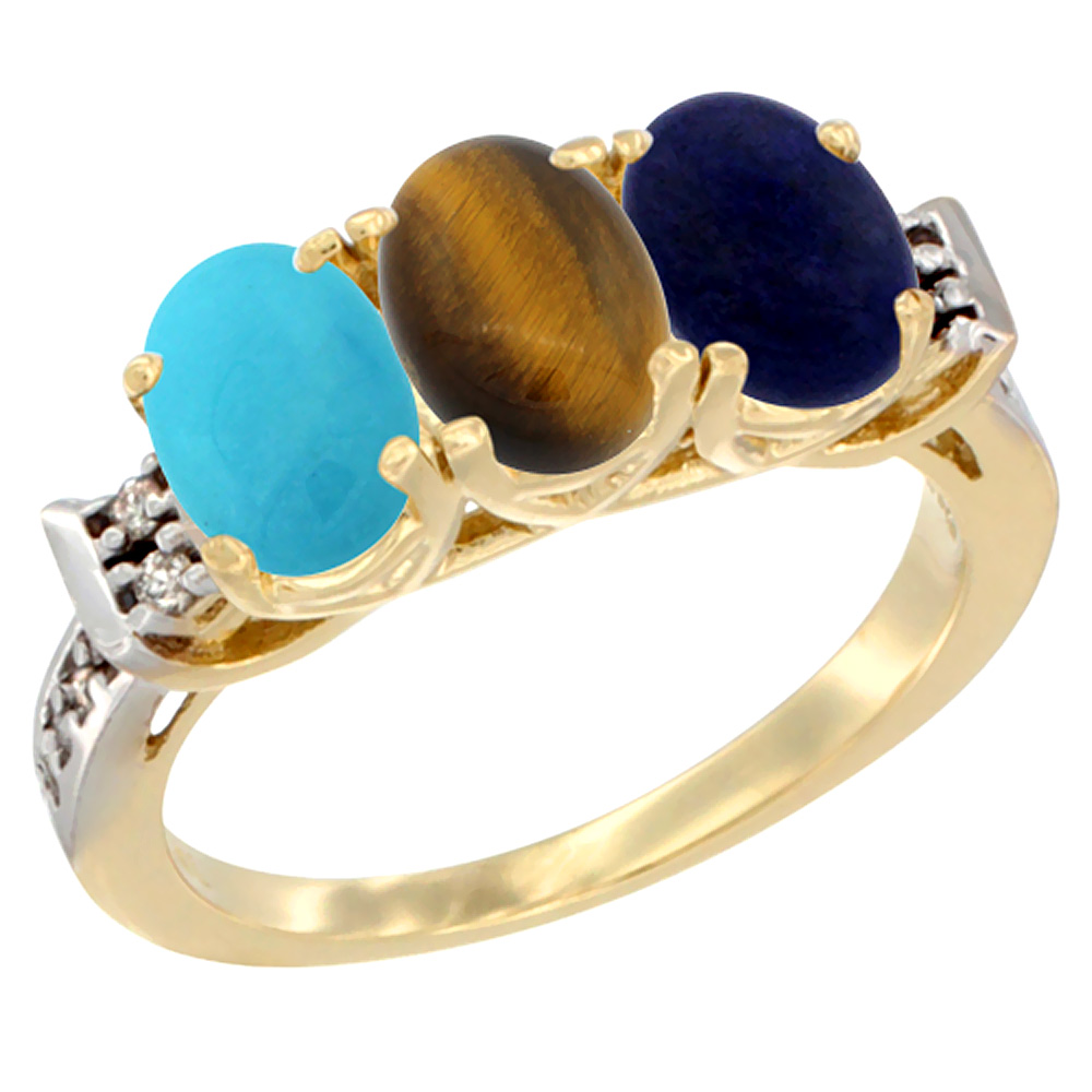 14K Yellow Gold Natural Turquoise, Tiger Eye &amp; Lapis Ring 3-Stone Oval 7x5 mm Diamond Accent, sizes 5 - 10