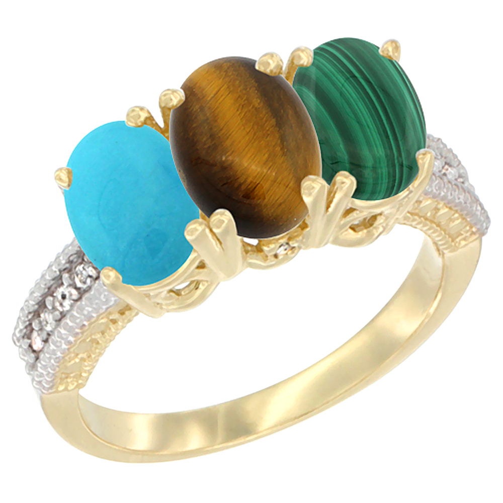 14K Yellow Gold Natural Turquoise, Tiger Eye & Malachite Ring 3-Stone 7x5 mm Oval Diamond Accent, sizes 5 - 10