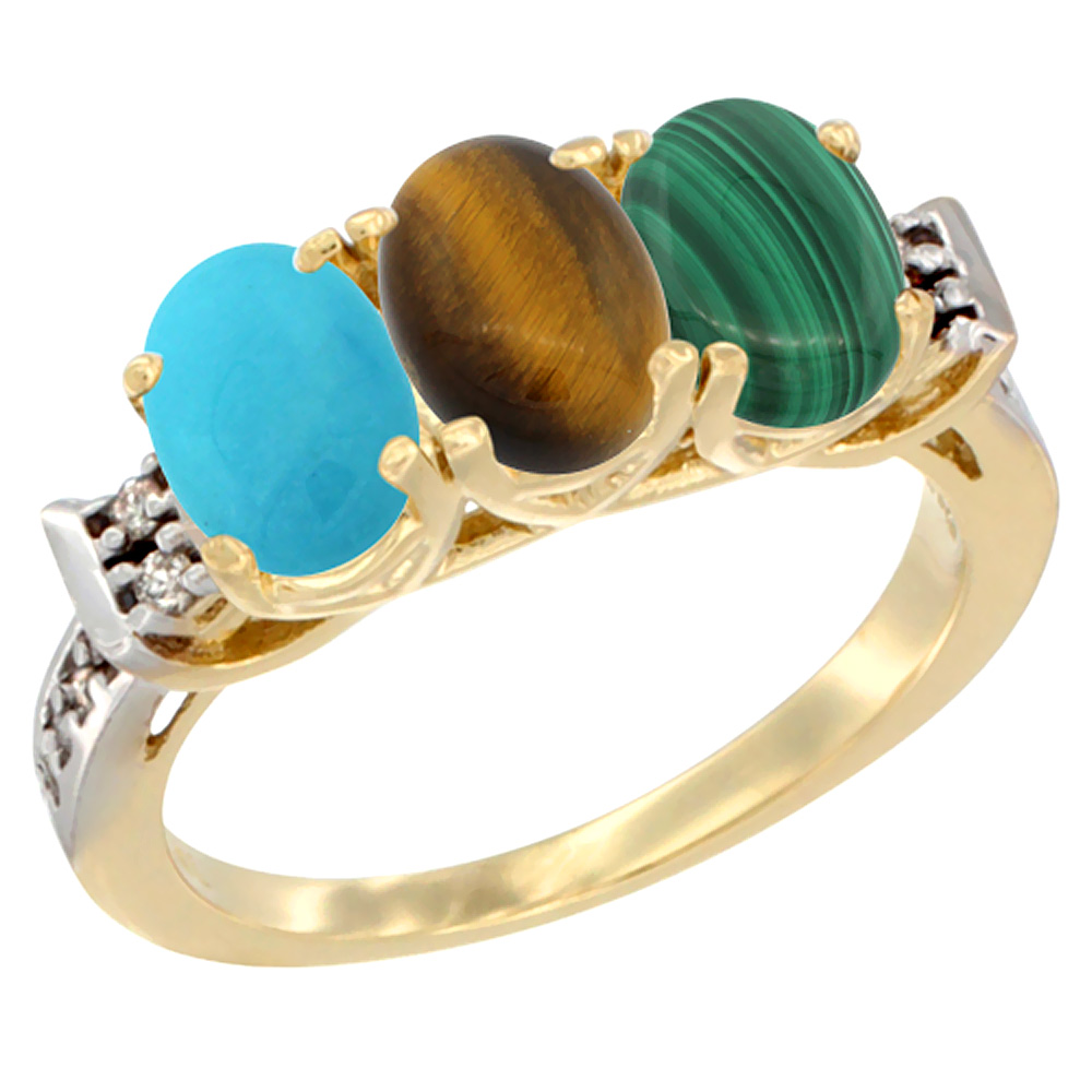 10K Yellow Gold Natural Turquoise, Tiger Eye & Malachite Ring 3-Stone Oval 7x5 mm Diamond Accent, sizes 5 - 10