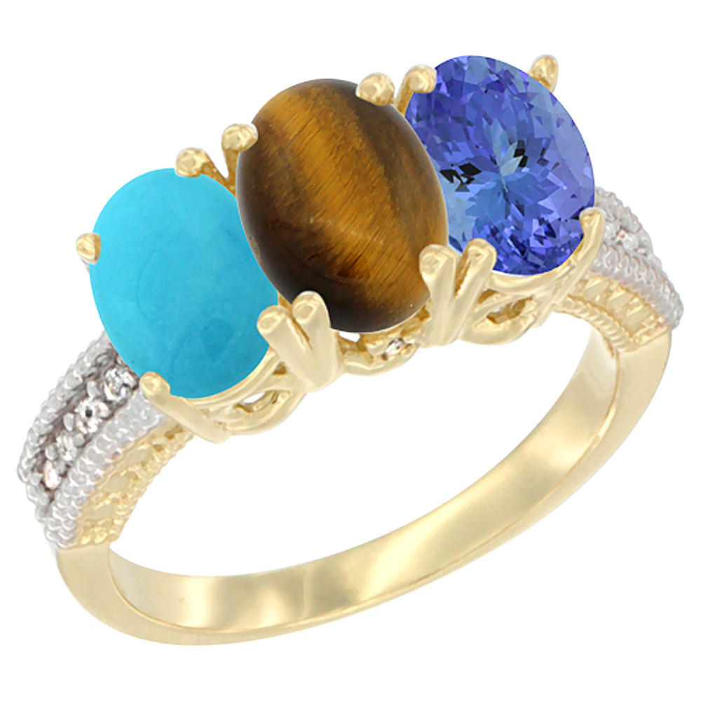 14K Yellow Gold Natural Turquoise, Tiger Eye & Tanzanite Ring 3-Stone 7x5 mm Oval Diamond Accent, sizes 5 - 10
