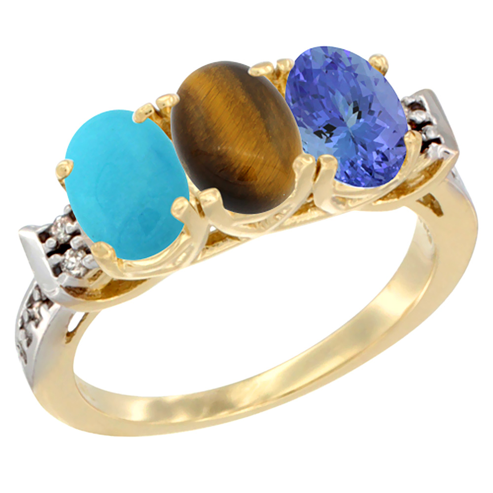10K Yellow Gold Natural Turquoise, Tiger Eye &amp; Tanzanite Ring 3-Stone Oval 7x5 mm Diamond Accent, sizes 5 - 10