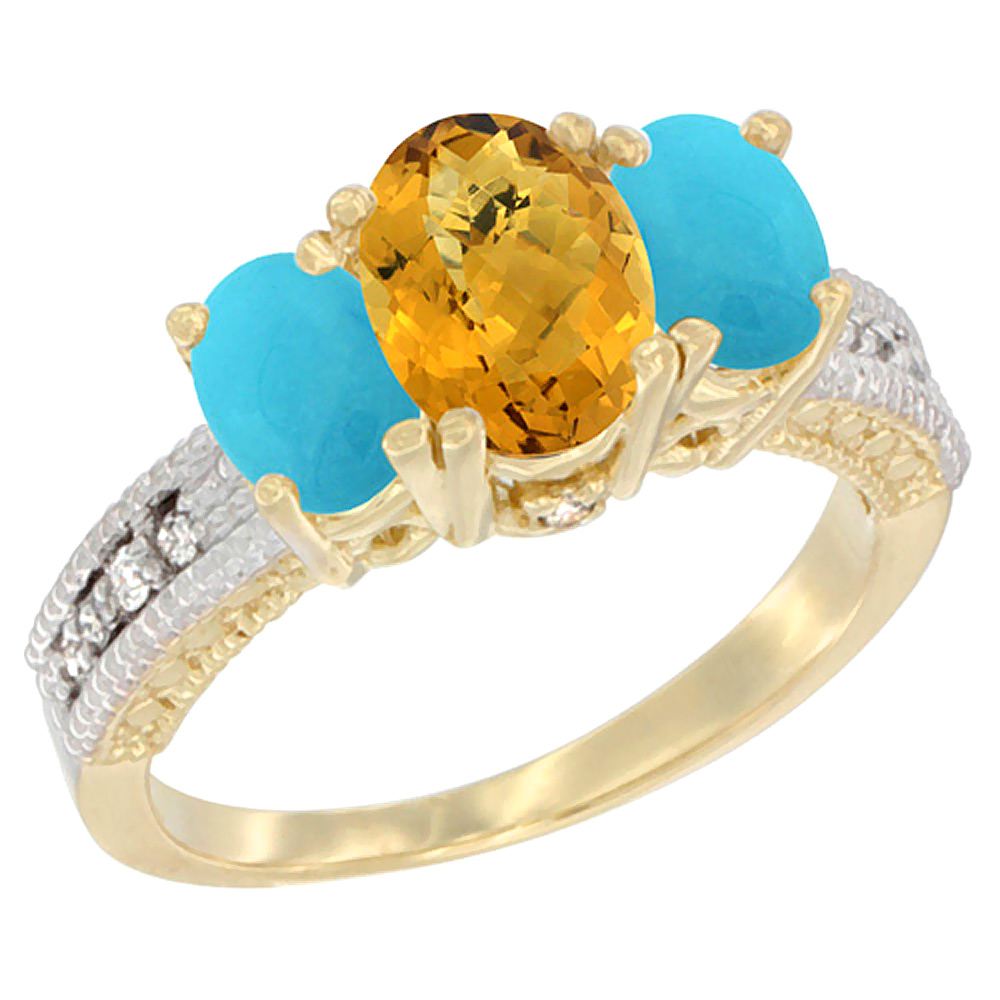 14K Yellow Gold Diamond Natural Whisky Quartz Ring Oval 3-stone with Turquoise, sizes 5 - 10