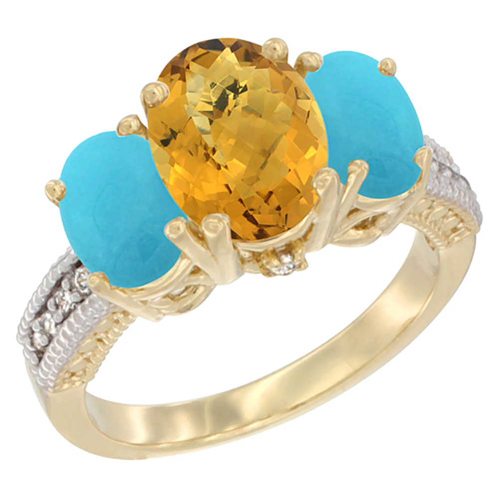 14K Yellow Gold Diamond Natural Whisky Quartz Ring 3-Stone Oval 8x6mm with Turquoise, sizes5-10