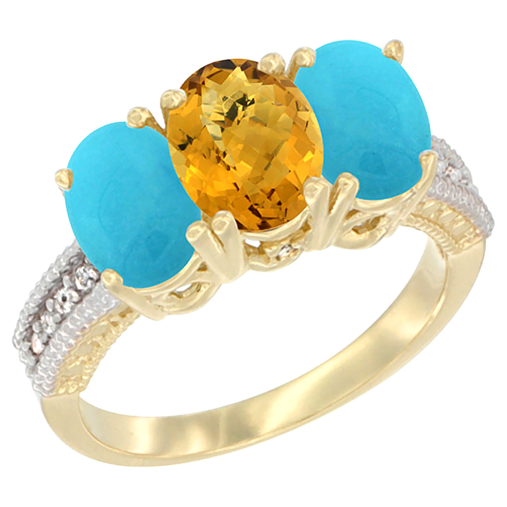 14K Yellow Gold Natural Whisky Quartz & Turquoise Sides Ring 3-Stone 7x5 mm Oval Diamond Accent, sizes 5 - 10