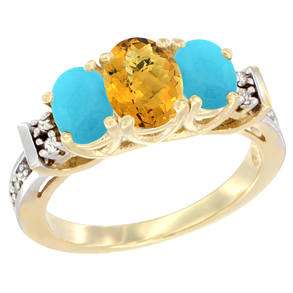 14K Yellow Gold Natural Whisky Quartz &amp; Turquoise Ring 3-Stone Oval Diamond Accent