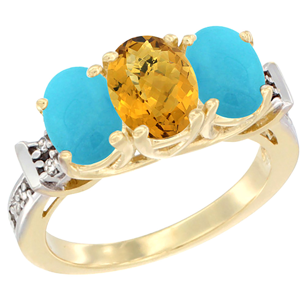 10K Yellow Gold Natural Whisky Quartz & Turquoise Sides Ring 3-Stone Oval Diamond Accent, sizes 5 - 10